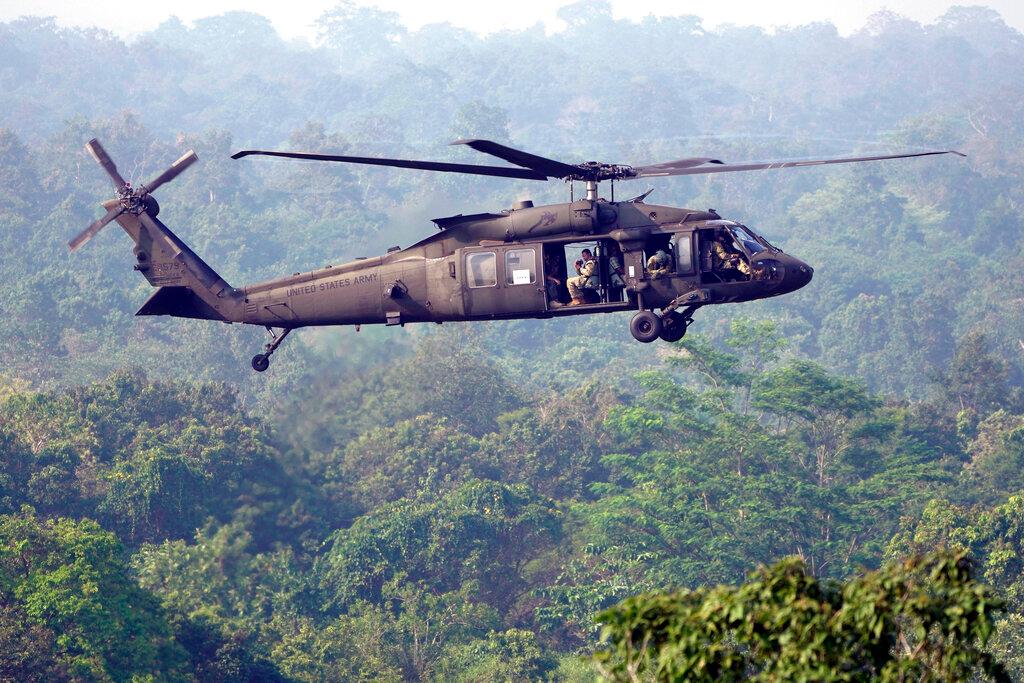 U.S. Army Black Hawk helicopter flies during Super Garuda Shield 2022 joint military exercises in Baturaja, South Sumatra, Indonesia