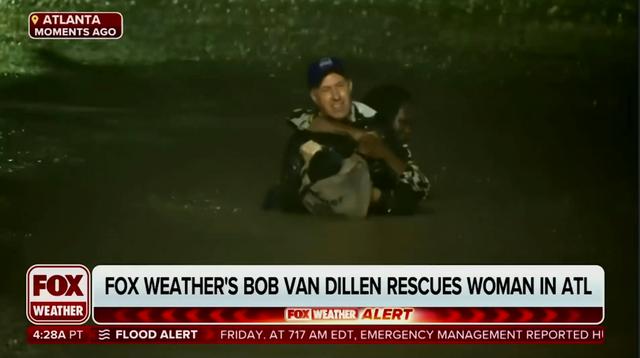 Meteorologist Bob Van Dillen rescues a woman stuck in floodwaters caused by Hurricane Helene in Atlanta